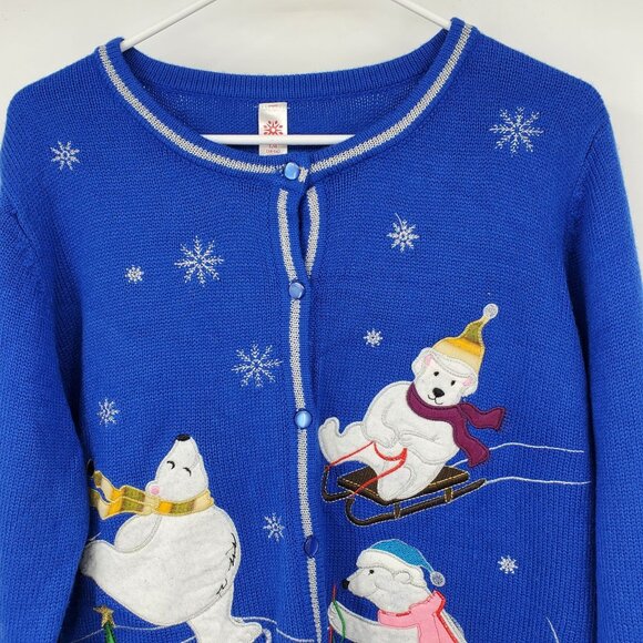 Polar Bear Christmas Y2K Cottage Skiing Graphic Button Up Cardigan Sweater Large - Picture 5 of 8